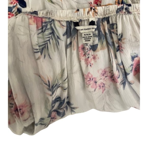AMERICAN EAGLE OUTFITTERS RUFFLED BARDOT NECKLINE FLORAL SHORT SLEEVE WOMENS MED - Picture 6 of 8